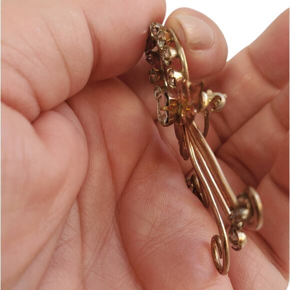 DeCurtis USA 12K GF Floral Swirl Rhinestone Brooch • 1940s • Convertible - Picture 6 of 6